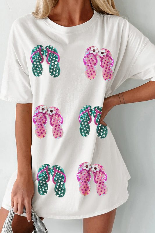 White Sequin Flip Flops Graphic Tunic T Shirt