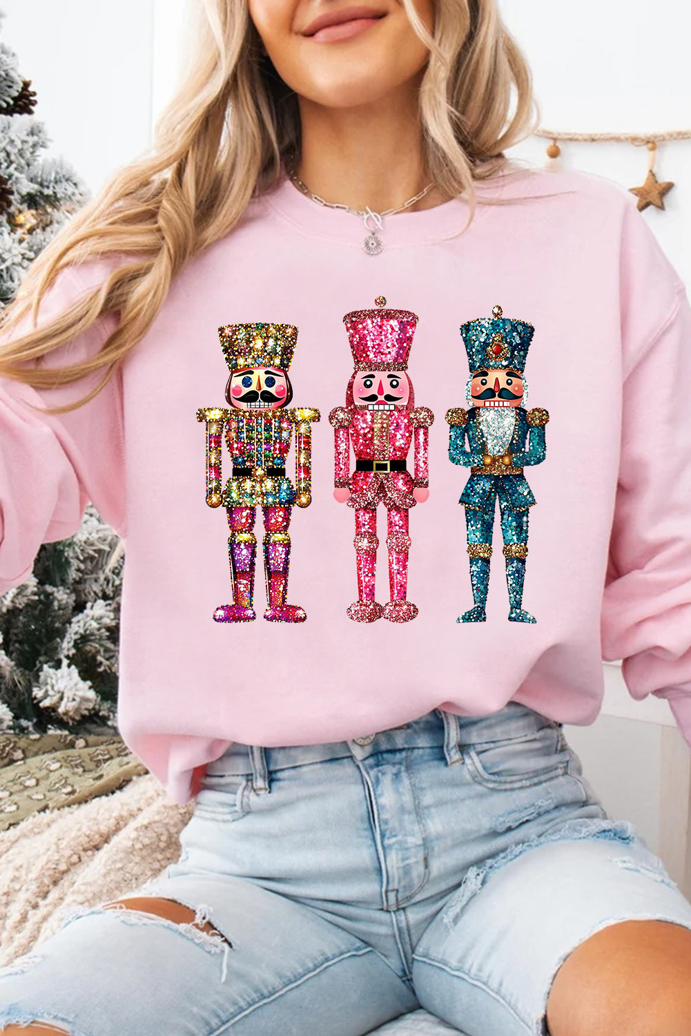 Pink Solid Nutcracker Graphic Pullover Sweatshirt