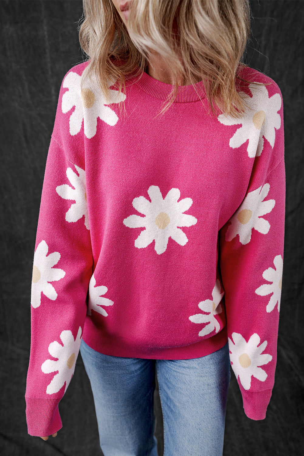 Bright Pink Daisy Flower Crew Neck Long Sleeve Sweater