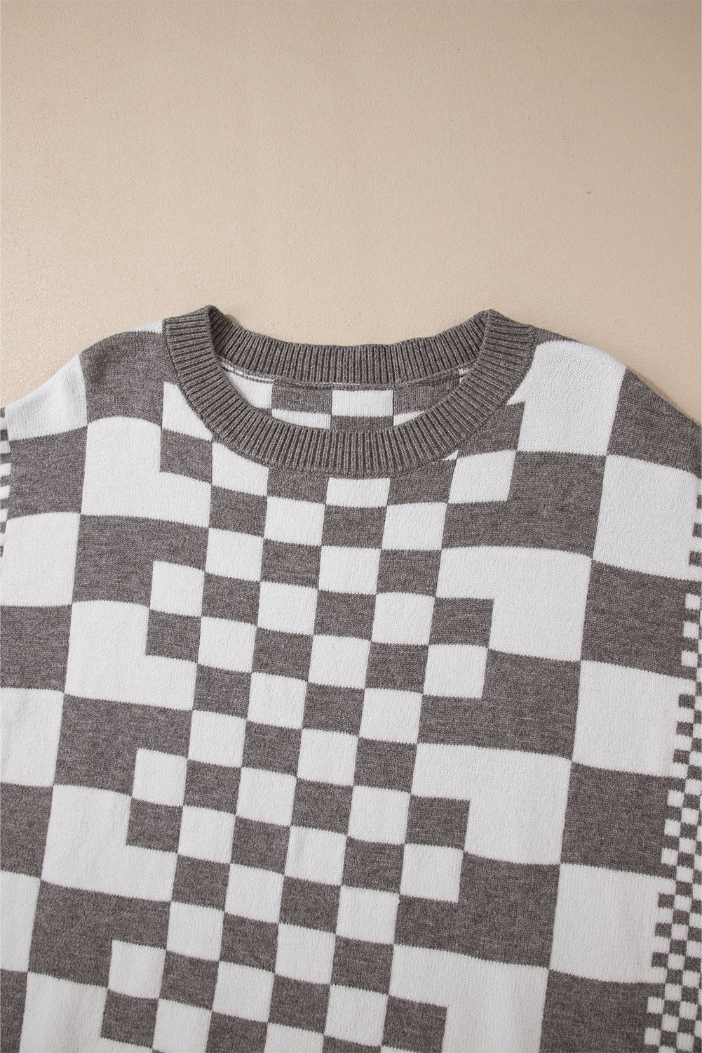 Black Checkered Drop Shoulder Round Neck Sweater