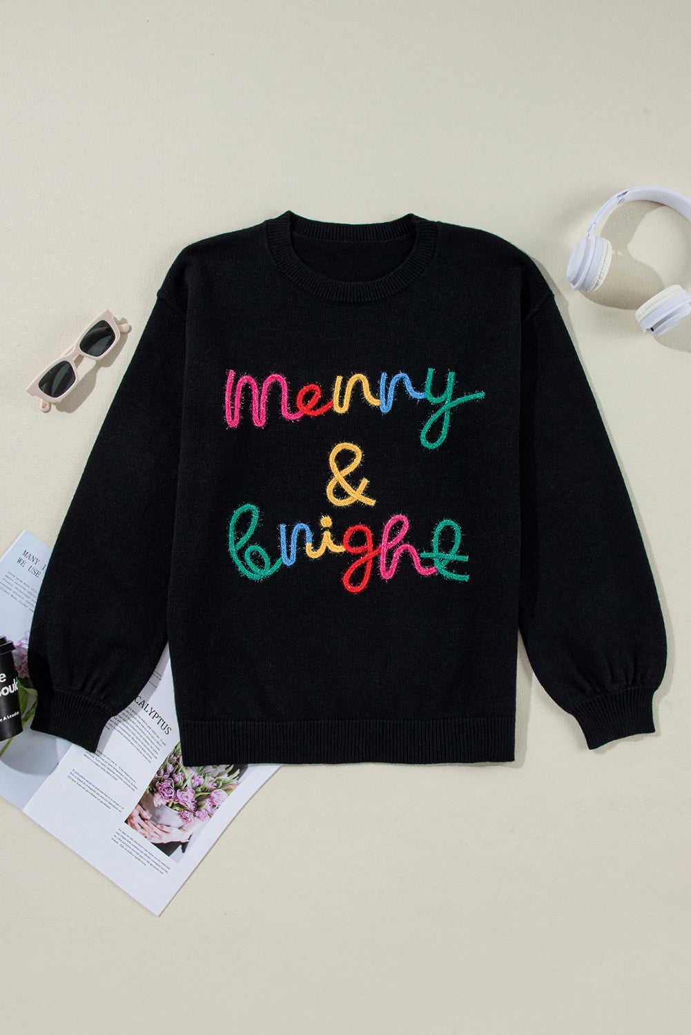 Black Colorful Merry & Bright Tinsel Graphic Sweater