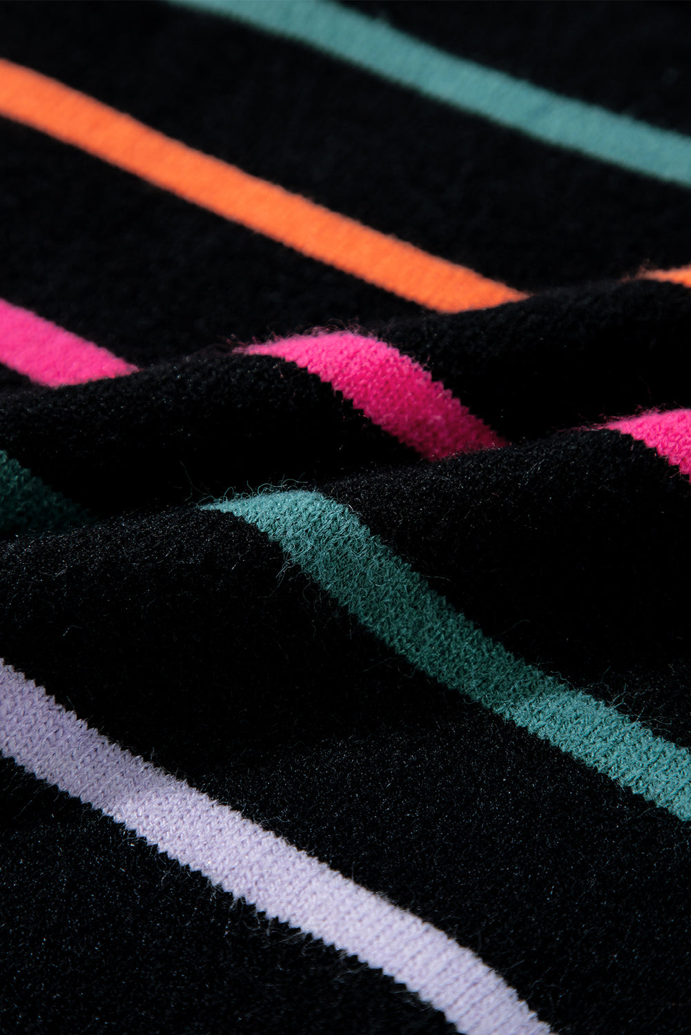 Black Colorful Striped Ribbed Trim Sweater