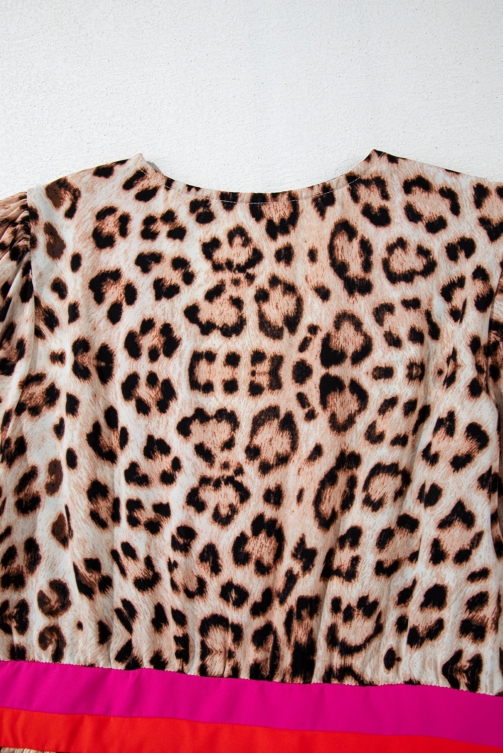 Khaki Cheetah Color Block V Neck Balloon Sleeve Babydoll Blouse