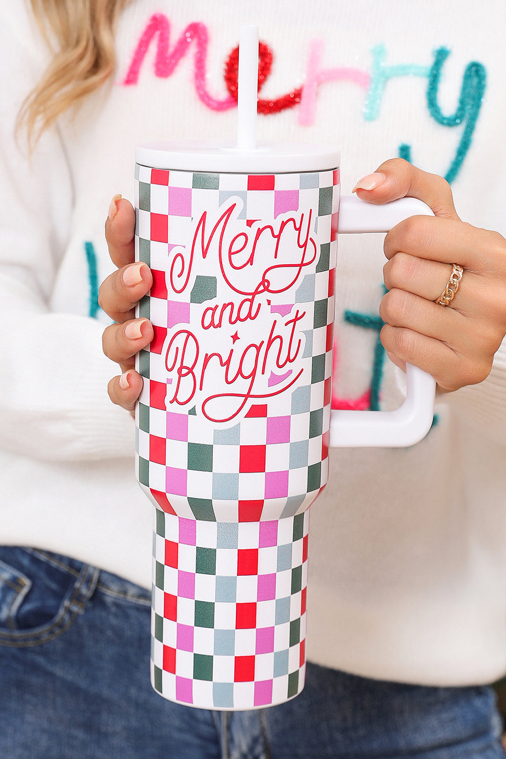 Red Merry and Bright Checkered Tumbler Cup