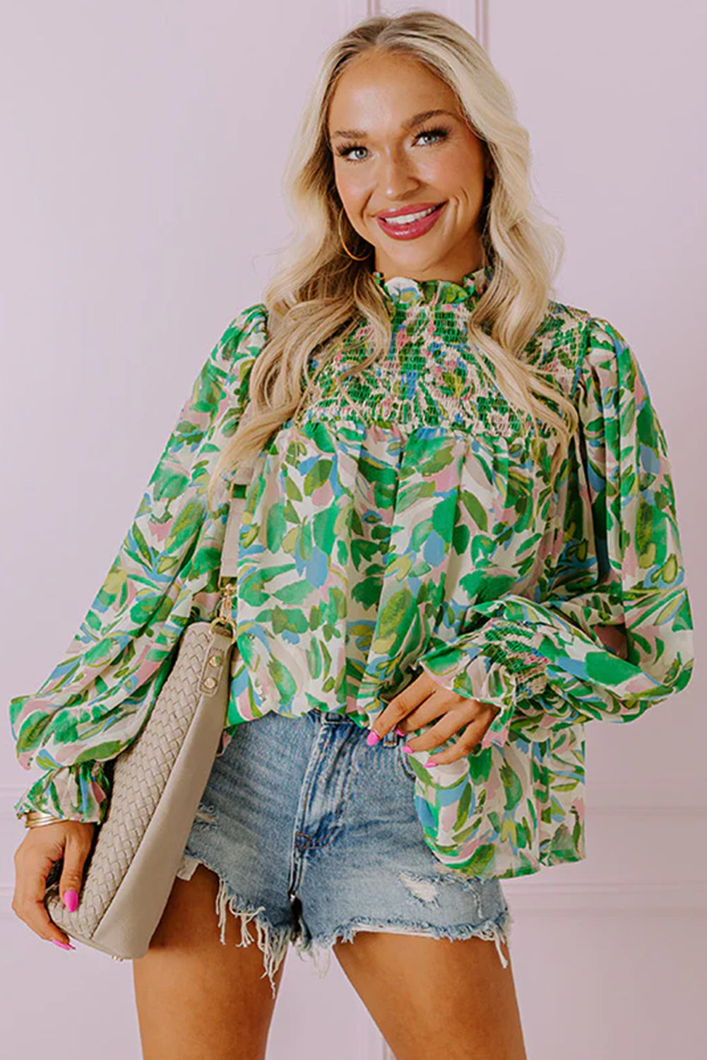 Green Leafy Printed Flounce Sleeve Shirred Mock Neck Blouse