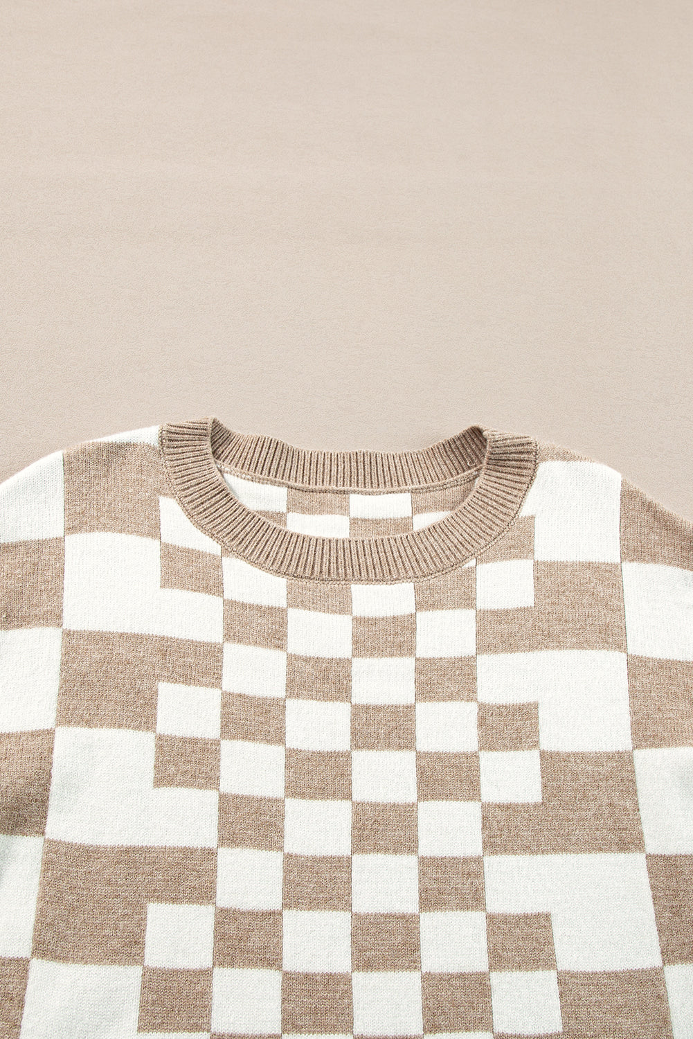 Khaki Checkered Print Drop Shoulder Round Neck Sweater