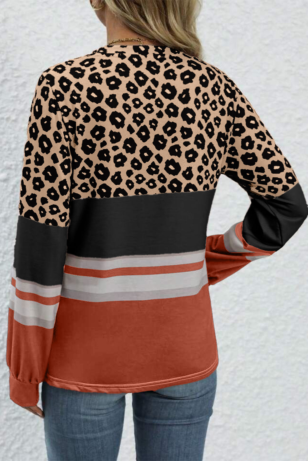 Brown Leopard Striped Color Block Long Sleeve Top