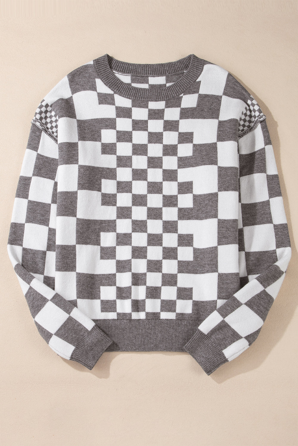 Black Checkered Drop Shoulder Round Neck Sweater