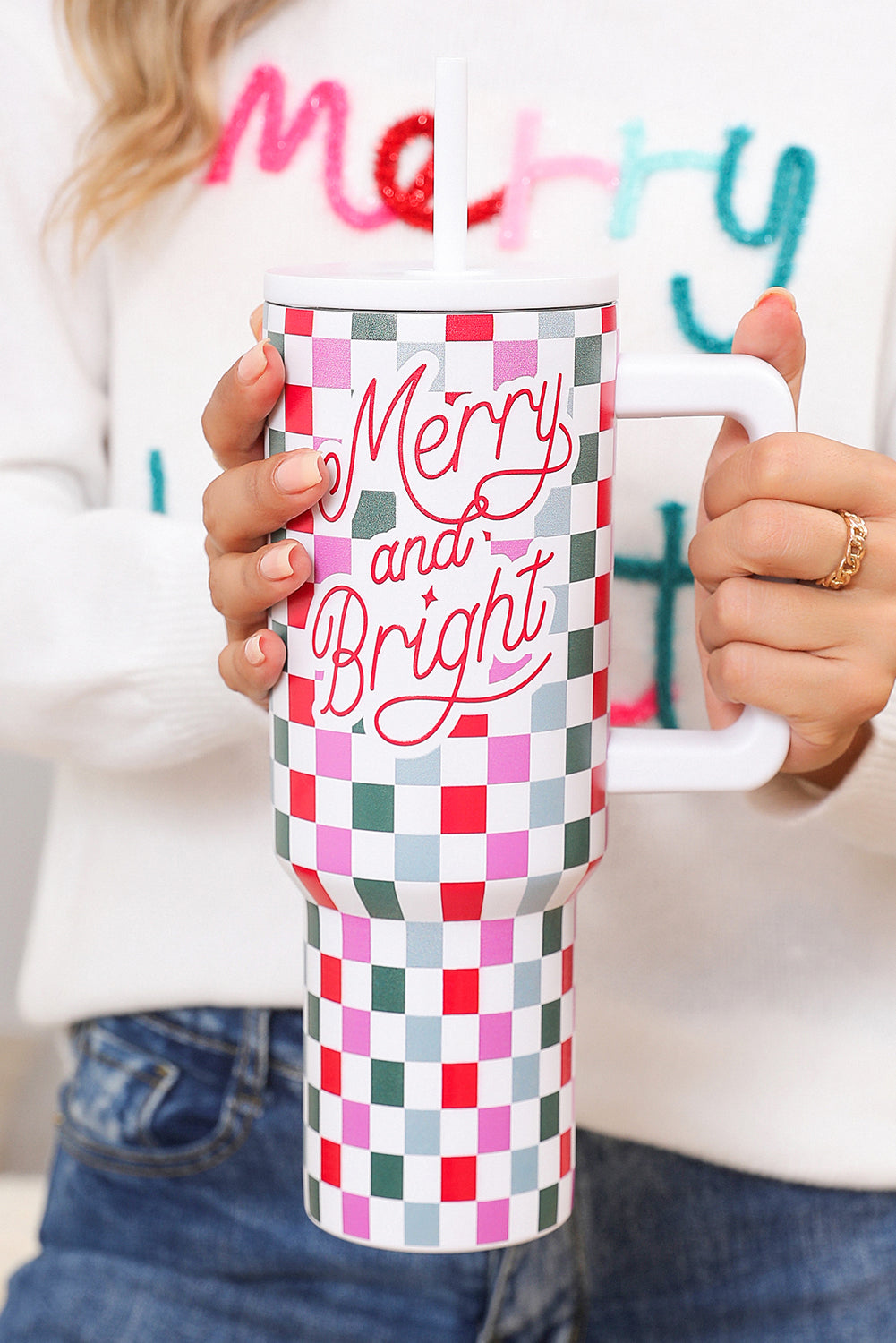 Red Merry and Bright Checkered Tumbler Cup