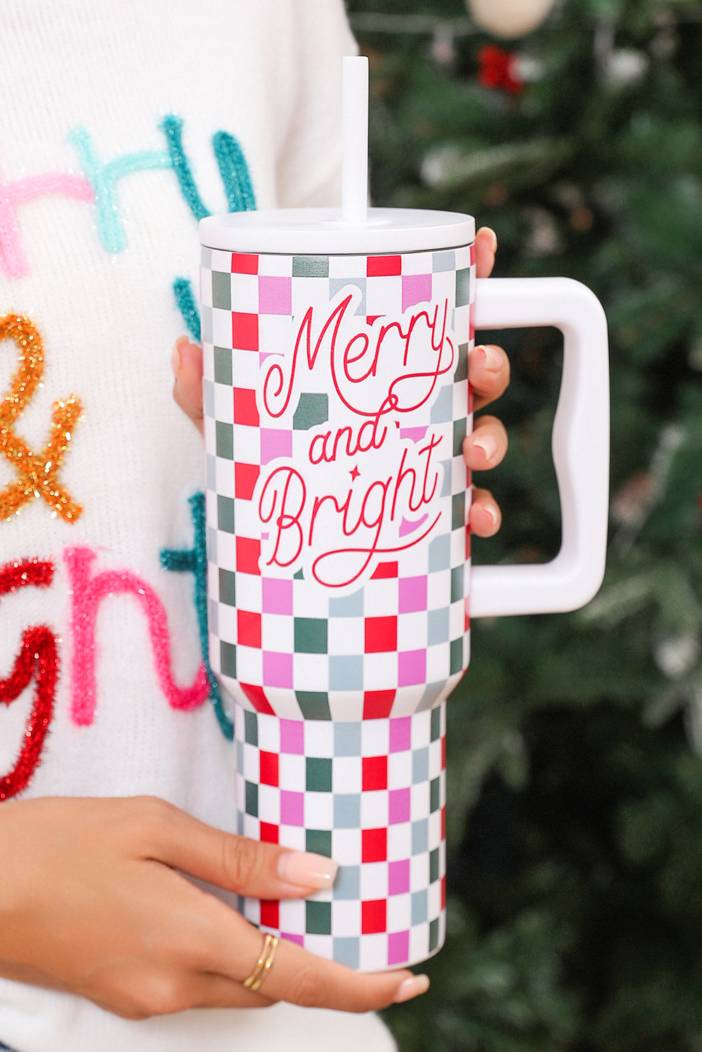 Red Merry and Bright Checkered Tumbler Cup