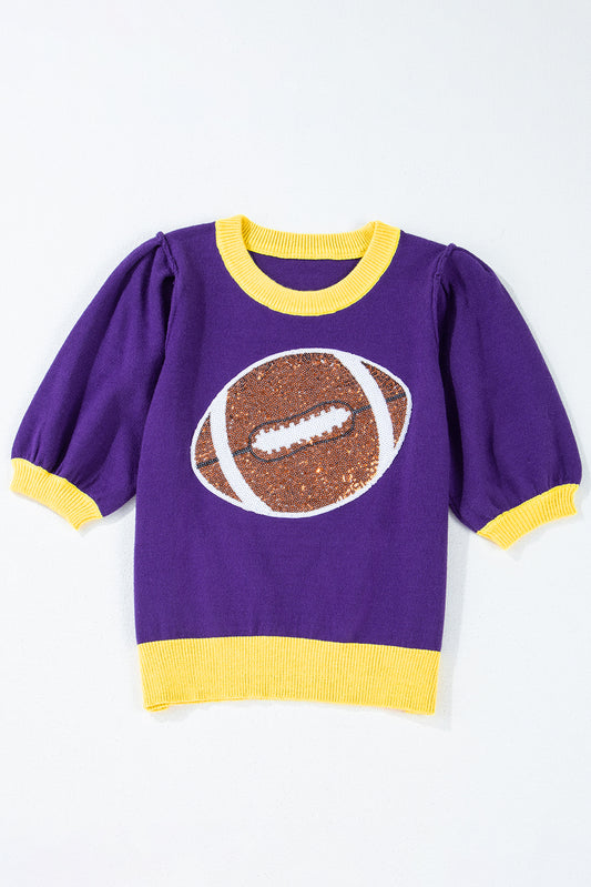 Purple Sequin Rugby Color Block Puff Short Sleeve Sweater