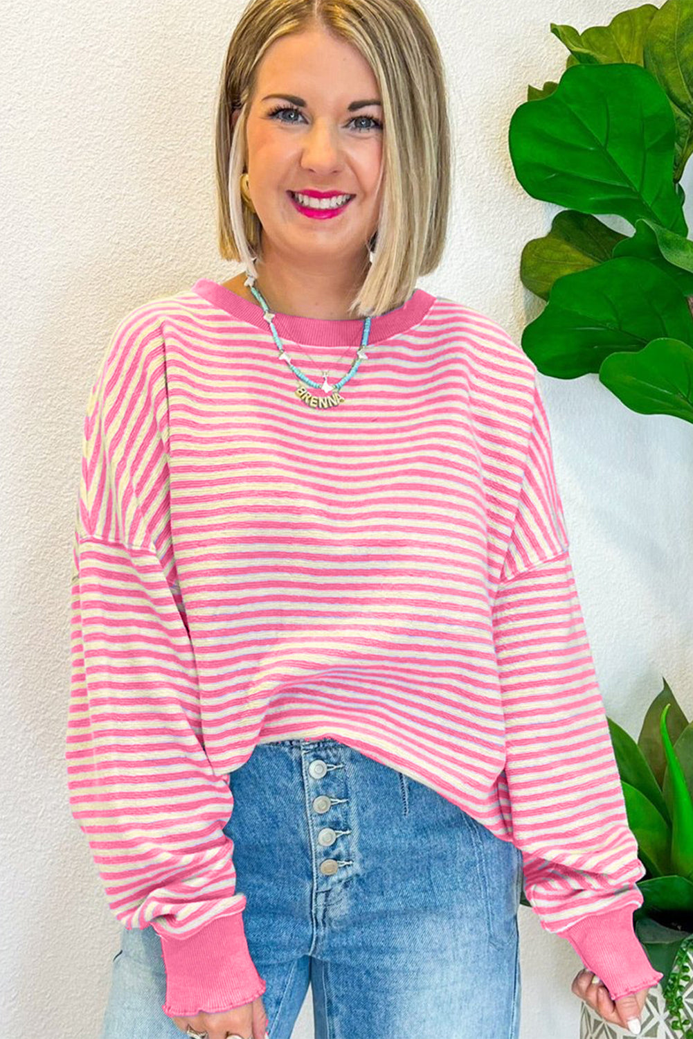 Pink Stripe Drop Shoulder Long Sleeve Top