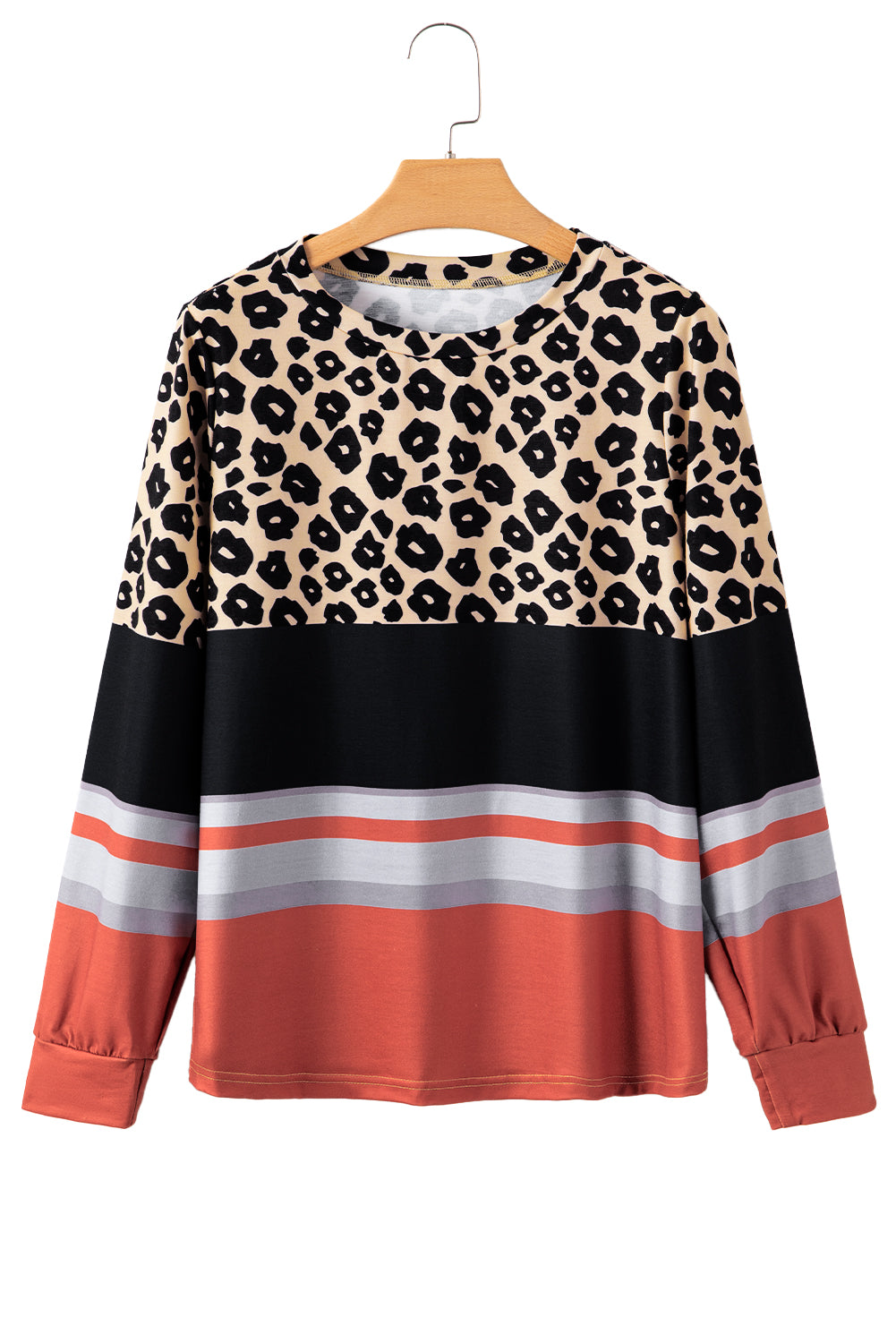 Brown Leopard Striped Color Block Long Sleeve Top