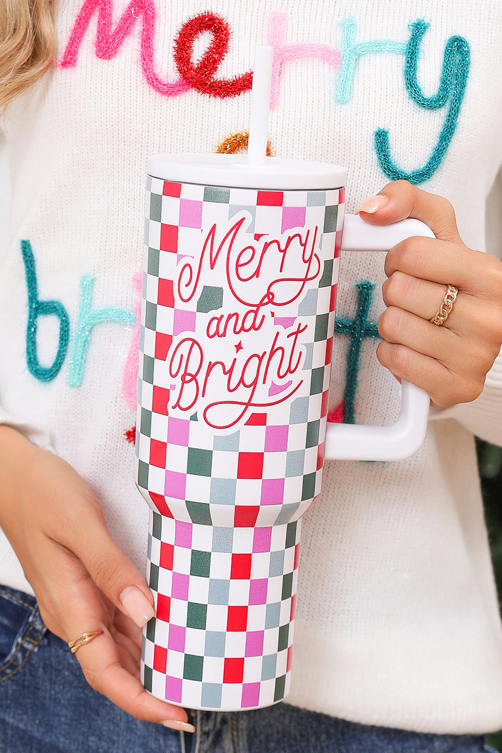 Red Merry and Bright Checkered Tumbler Cup