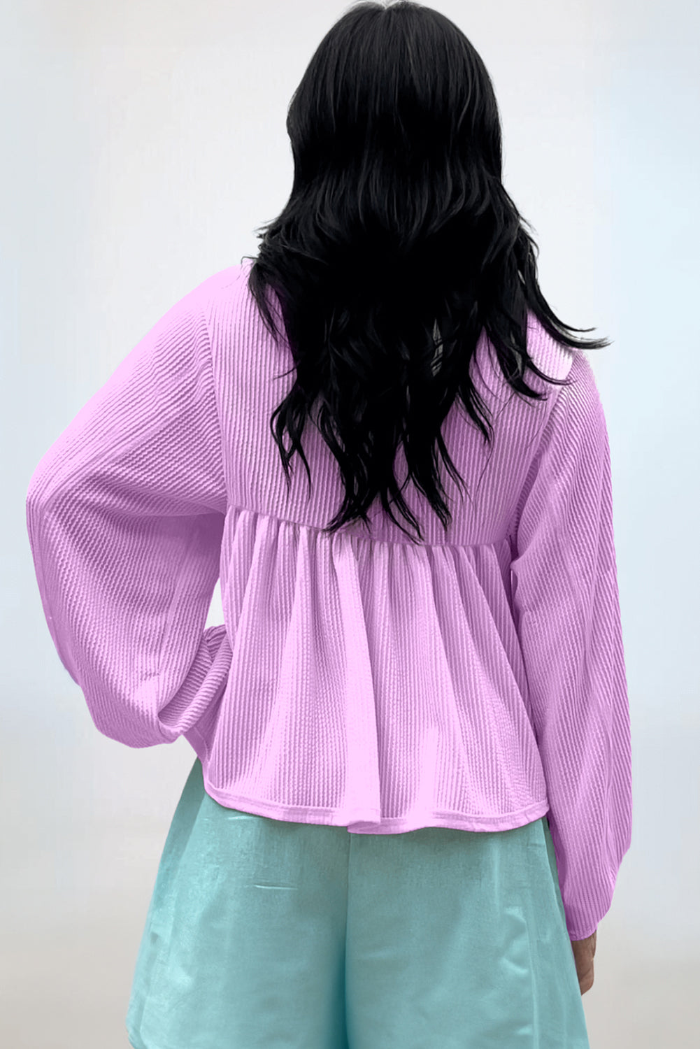 Phalaenopsis Corded Turn-down V Neck Bubble Sleeve Babydoll Blouse