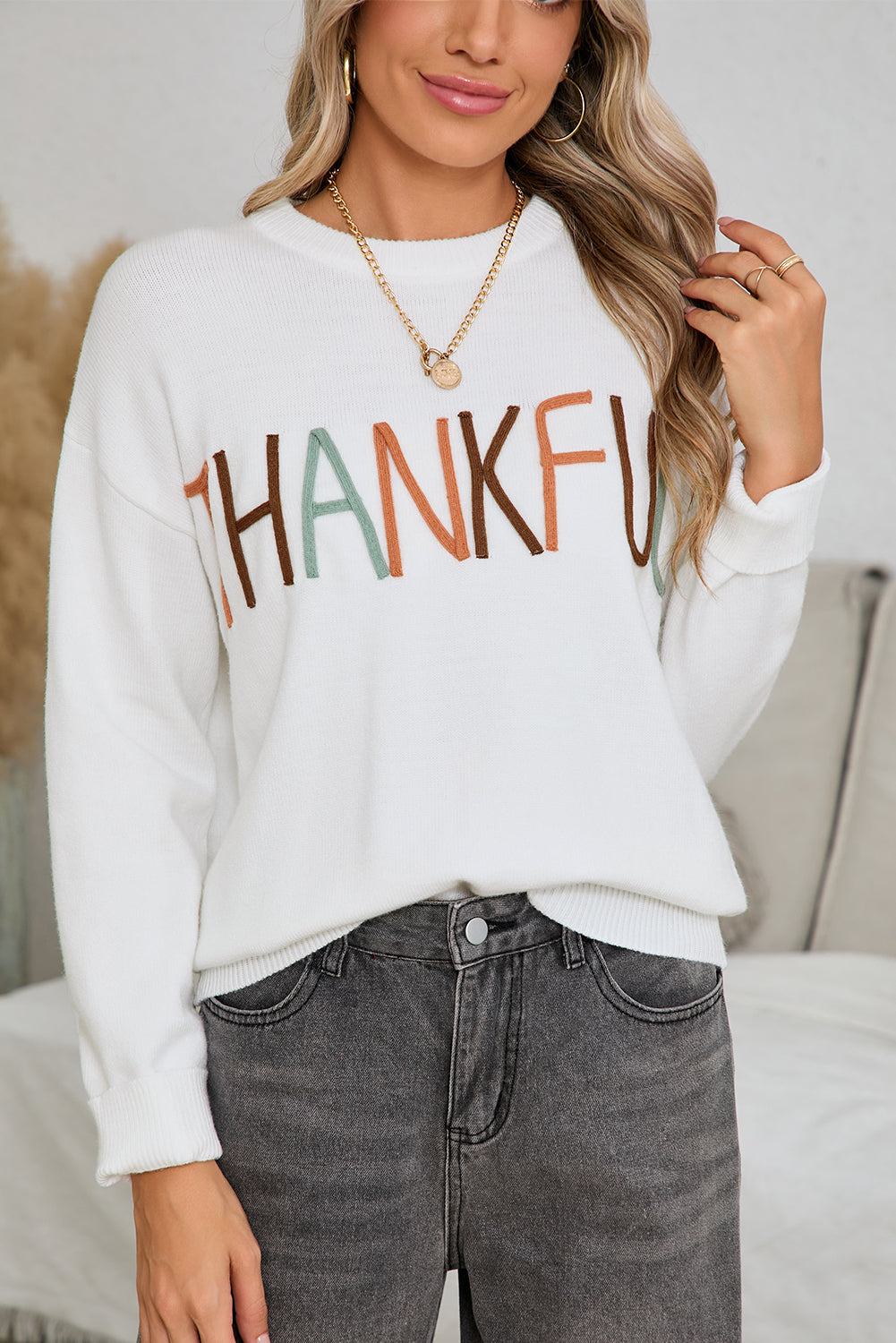 White Thankful Ivory Embroidered Sweater