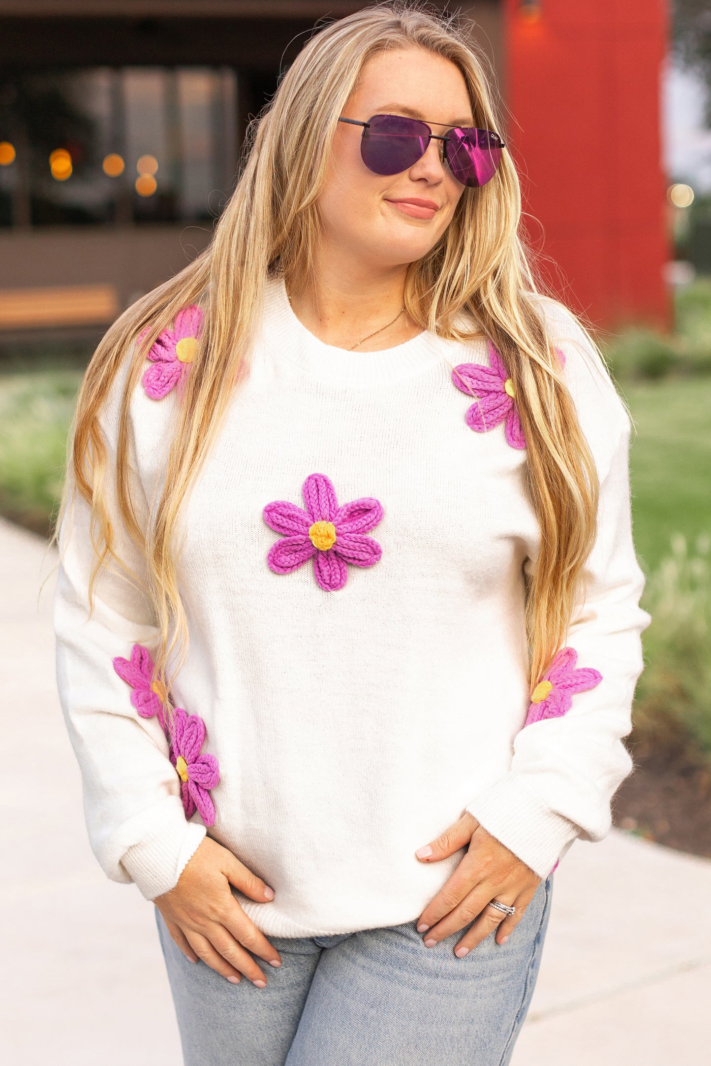 White Plus Size Flower Crochet Drop Shoulder Knit Sweater