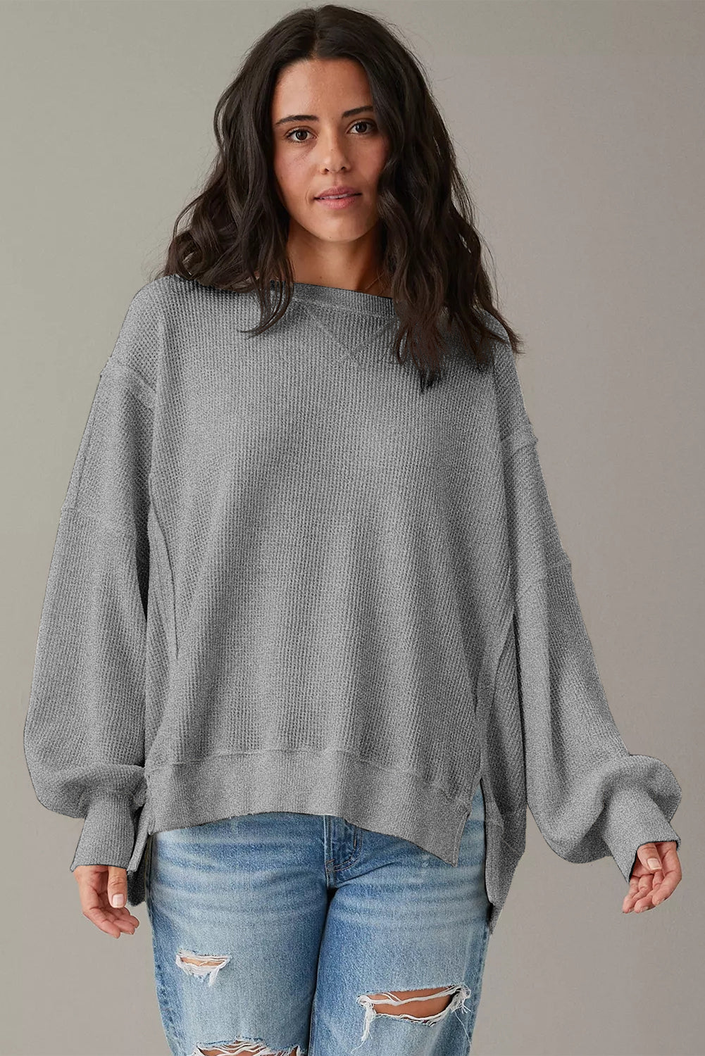 Gray Waffle knit Bishop Sleeve Split Oversized Top