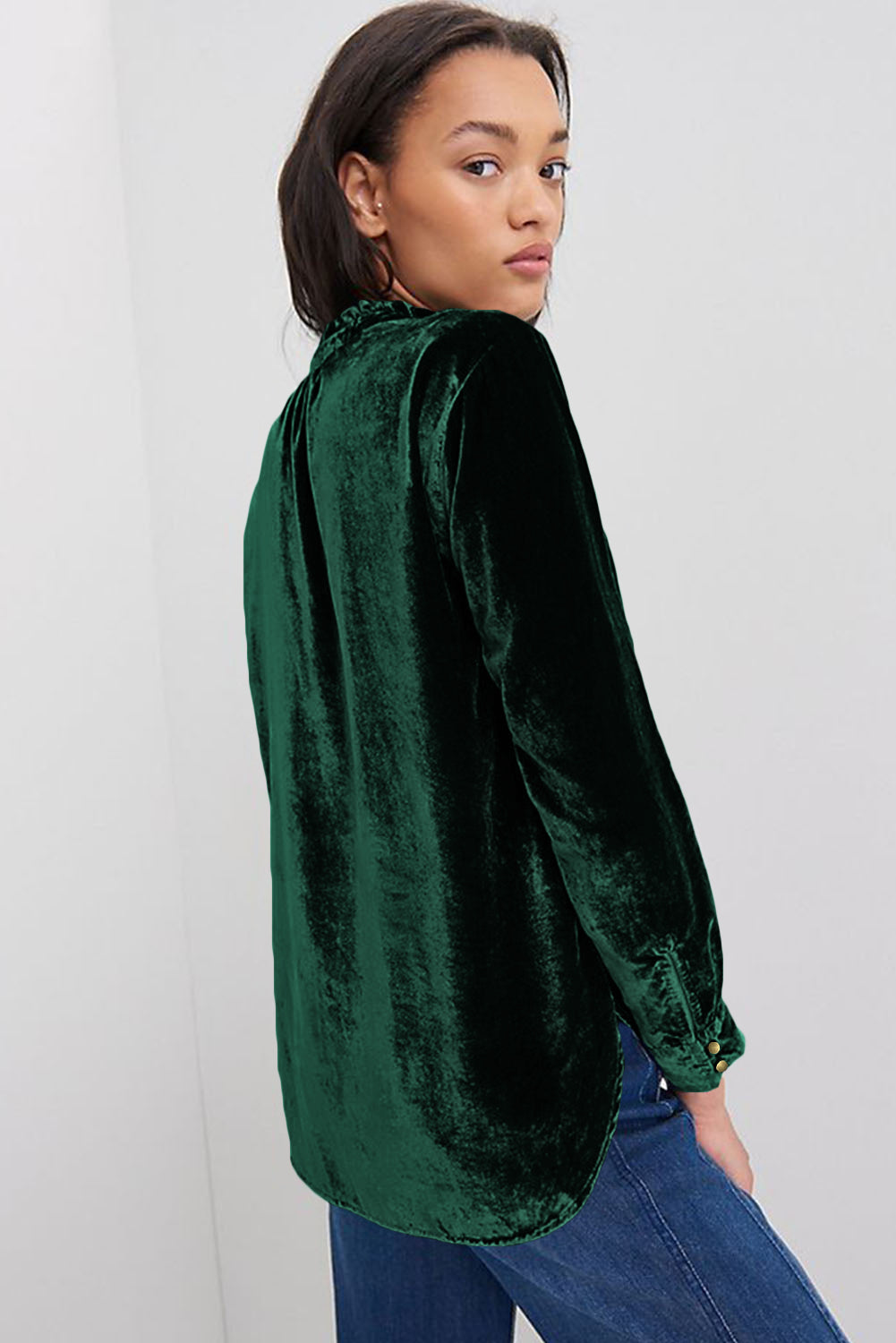 Blackish Green Frilled Neck Buttoned Front Velvet Top