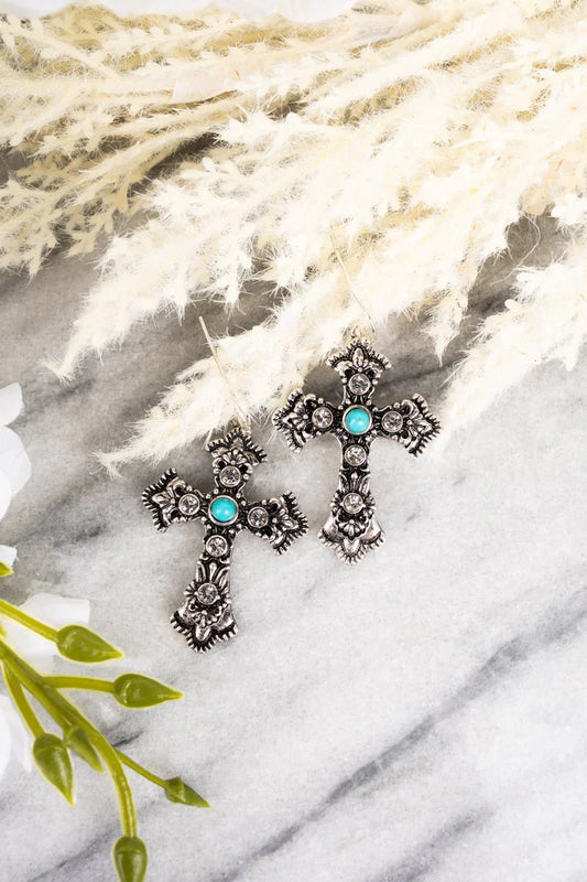 TURQUOISE AND CRYSTAL OCTAVIA CROSS EARRINGS